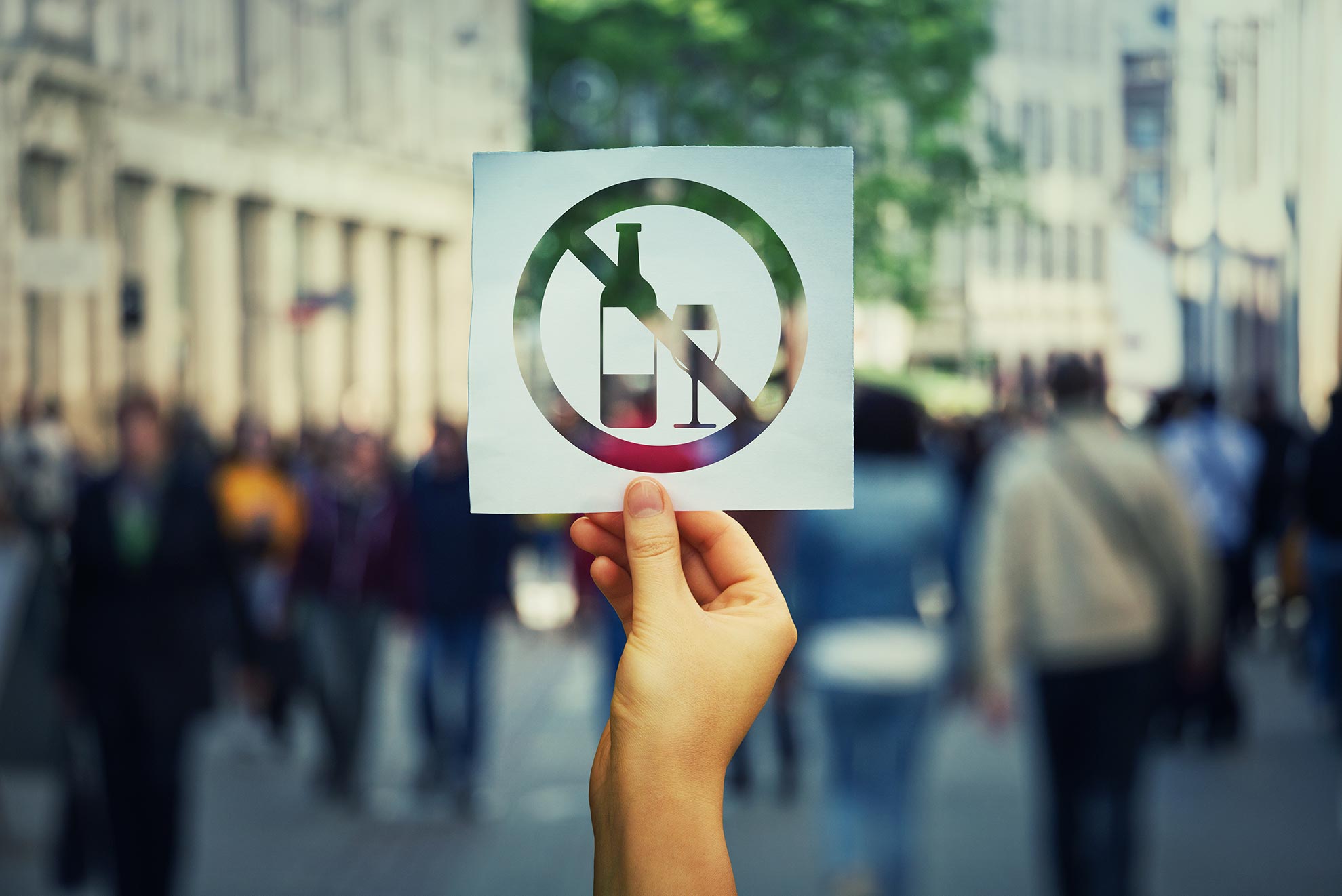 person holding a sign striking through alcohol bottles for things to know about alcohol